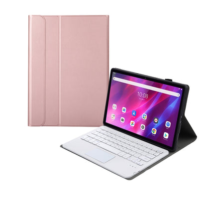 Rose gold tablet case with detachable Bluetooth keyboard and touchpad, tablet standing open