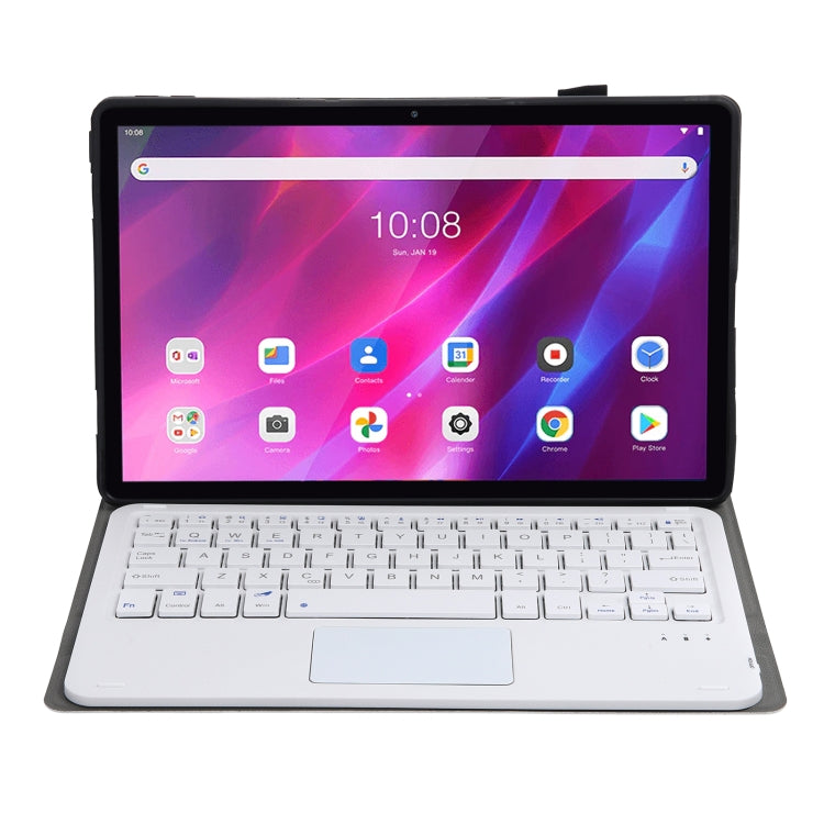 Black tablet case with detachable Bluetooth keyboard and touchpad, tablet open and facing forward