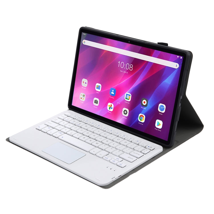 Black tablet case with detachable Bluetooth keyboard and touchpad, tablet propped open