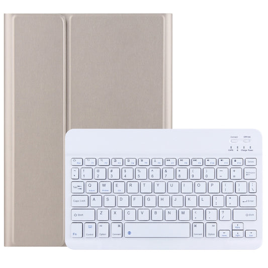 Tablet case with removable Bluetooth keyboard, gold cover with white backlit keys