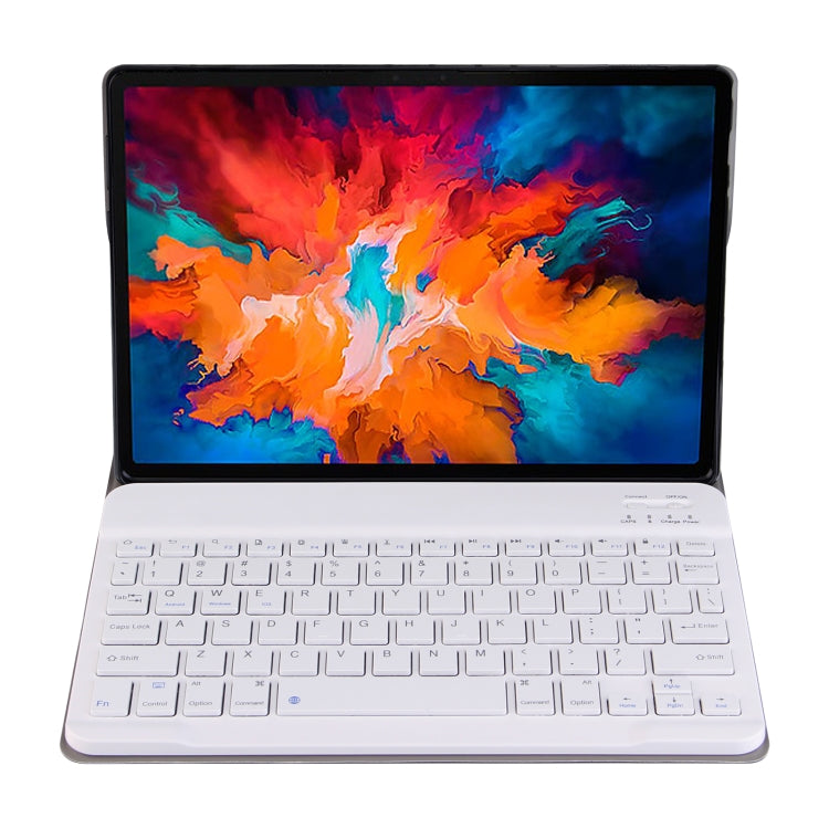 Tablet case with removable Bluetooth keyboard, open view with white keyboard