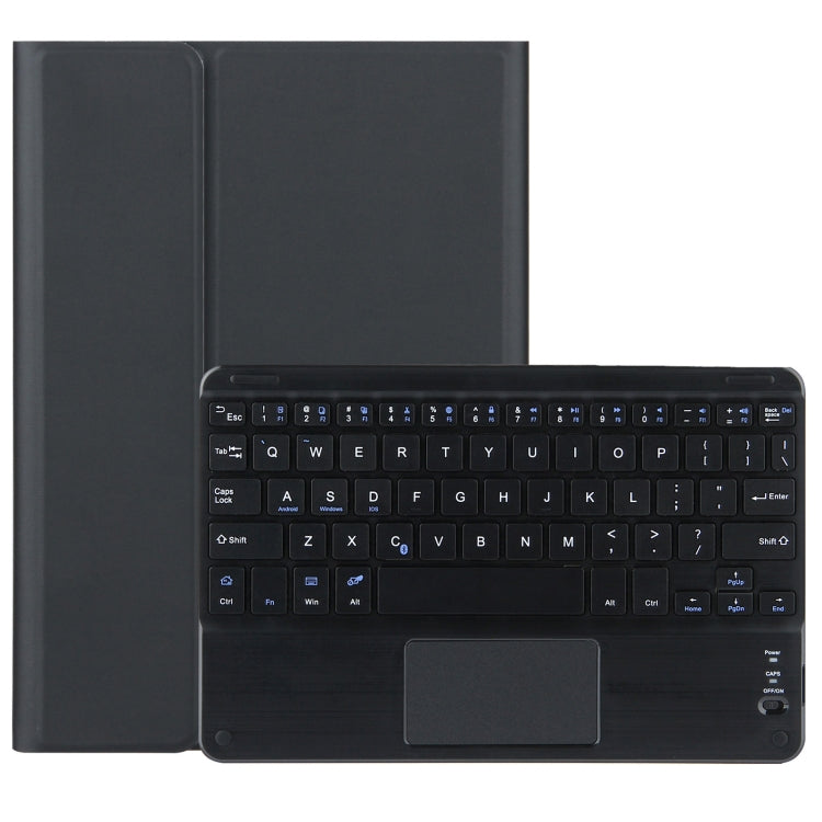 Dark gray leather-look tablet case with detachable Bluetooth keyboard and touchpad