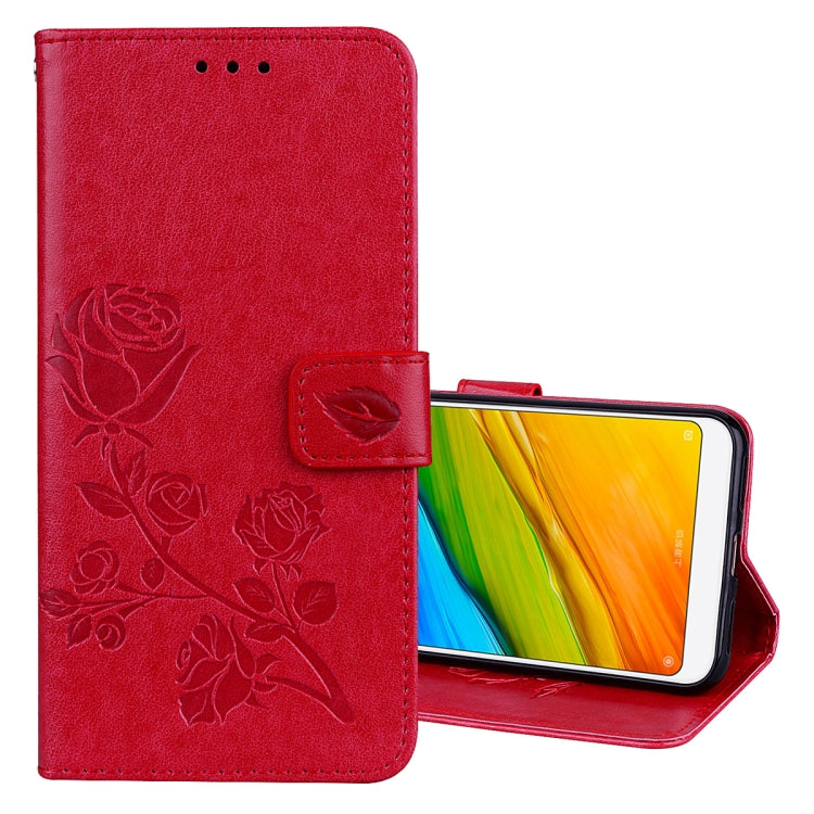 Red rose-embossed PU leather flip wallet case with magnetic strap and card-holder flap