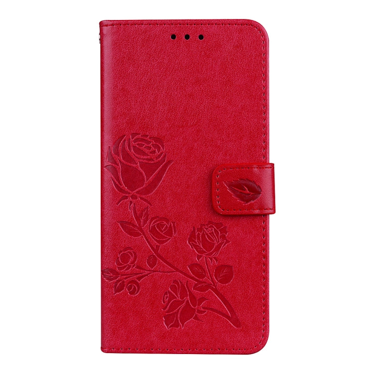 Red rose-embossed PU leather flip wallet case with side magnetic clasp