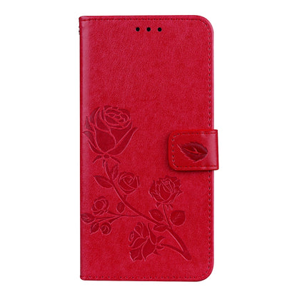 Red rose-embossed PU leather flip wallet case with side magnetic clasp