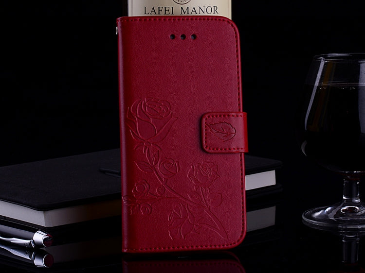Red rose-embossed PU leather flip wallet case with magnetic closure