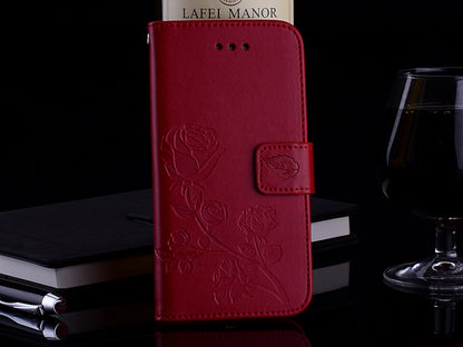 Red rose-embossed PU leather flip wallet case with magnetic closure