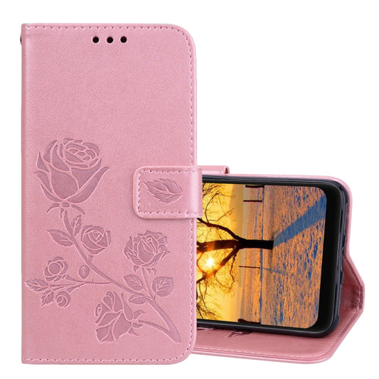 Rose gold PU leather flip phone case with rose embossing and card/holder cutouts.