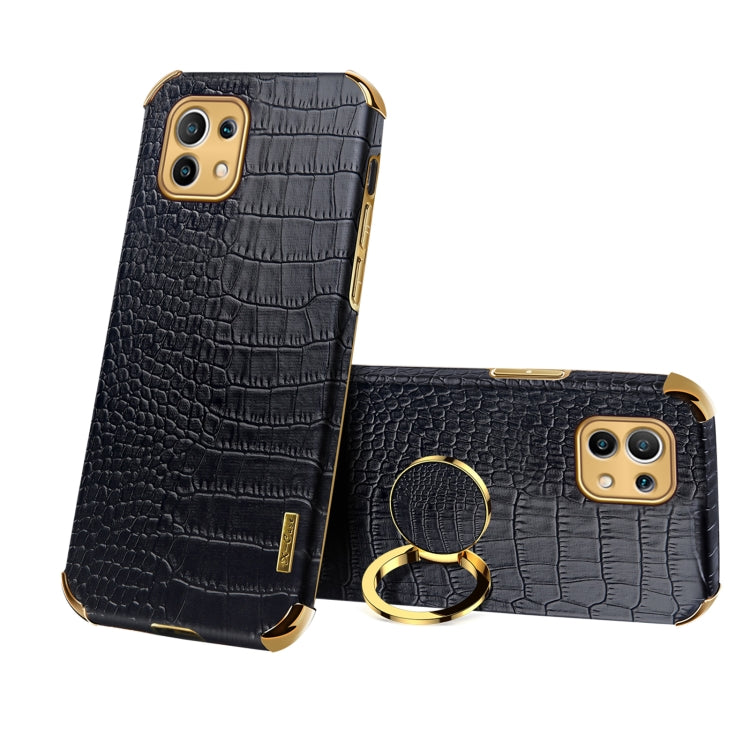Black crocodile-pattern magnetic phone case with gold ring holder for Xiaomi Mi 11