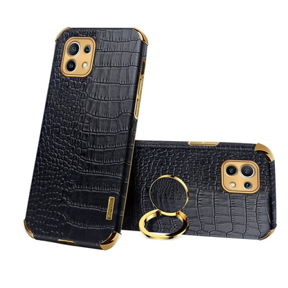 Black crocodile-pattern magnetic phone case with gold ring holder for Xiaomi Mi 11