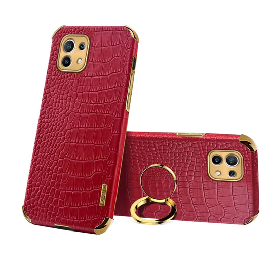 Red crocodile-pattern magnetic phone case with gold ring holder for Xiaomi Mi 11