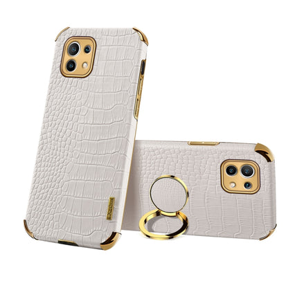 White crocodile-pattern magnetic phone case with gold ring holder for Xiaomi Mi 11