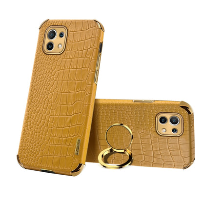 Yellow crocodile-pattern magnetic phone case with gold ring holder for Xiaomi Mi 11