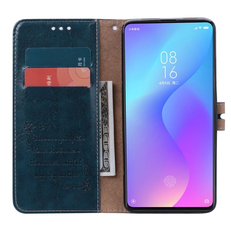 Blue flip leather phone case opened, showing card slots and phone holder