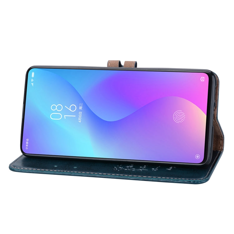 Blue flip leather phone case in viewing stand position with cover closed