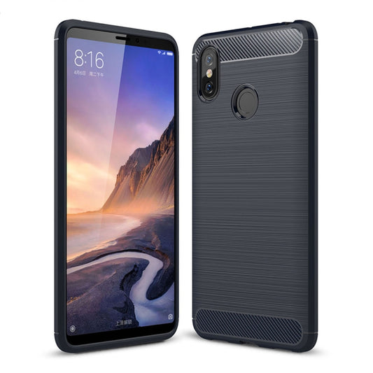 Navy phone case with brushed carbon-fiber texture, shockproof TPU, raised camera lip