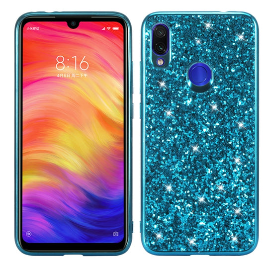 Blue glitter shockproof TPU phone case with camera cutout and ring grip.