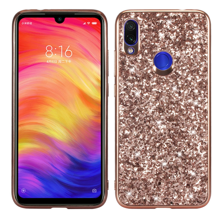 Rose gold glitter shockproof TPU phone case with camera cutout and ring grip.