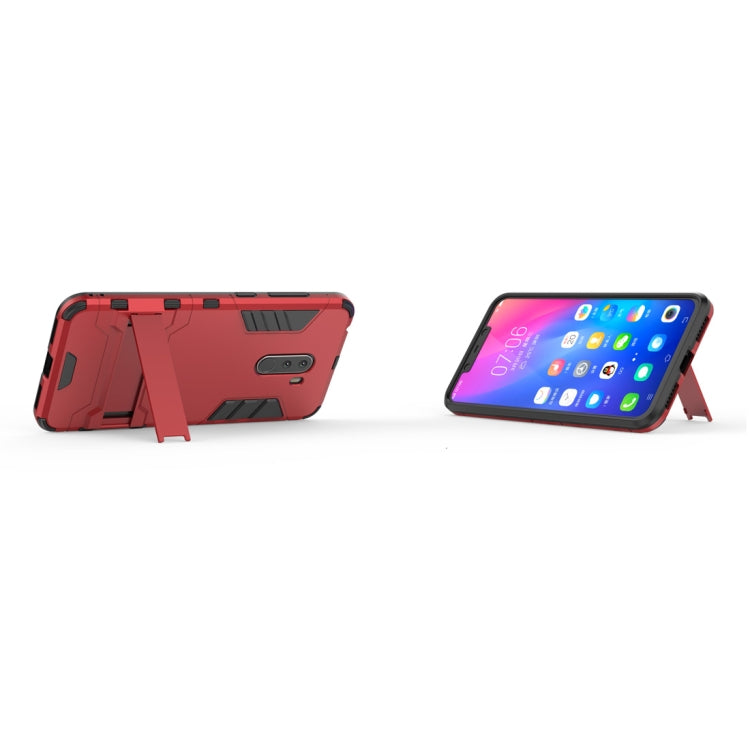 Red shockproof phone case with built-in stand/holder, front and angled side view