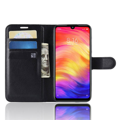 Black wallet flip leather phone case with card slots and viewing stand, Redmi Note 7