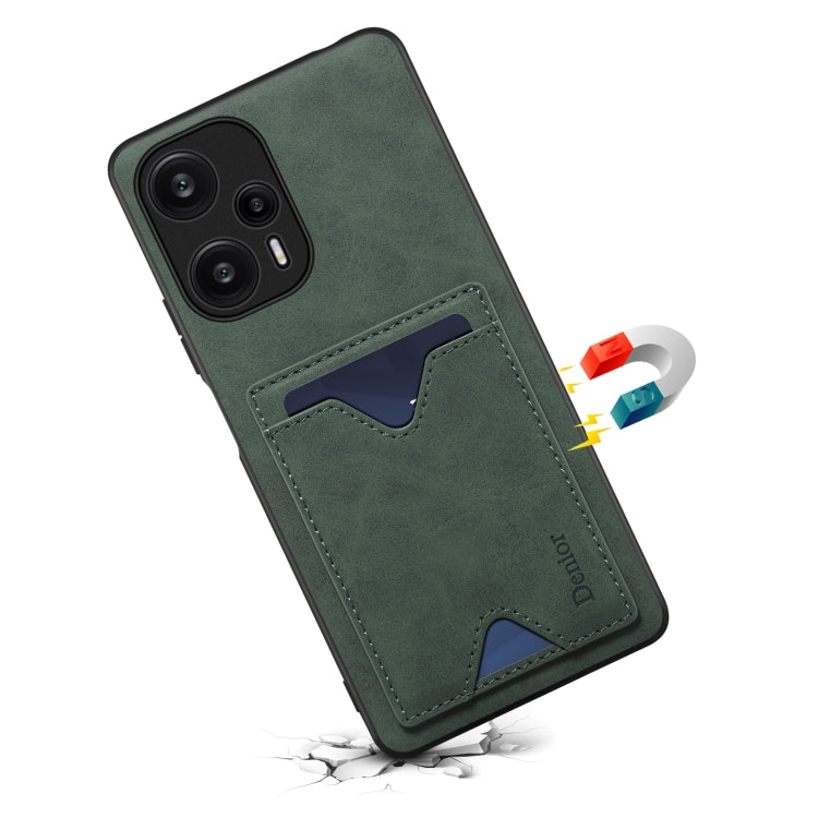 Green PU leather phone case with card slot and camera cutouts, angled view