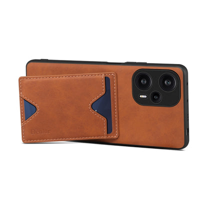 Brown PU leather phone case with card slot, side view showing camera cutout