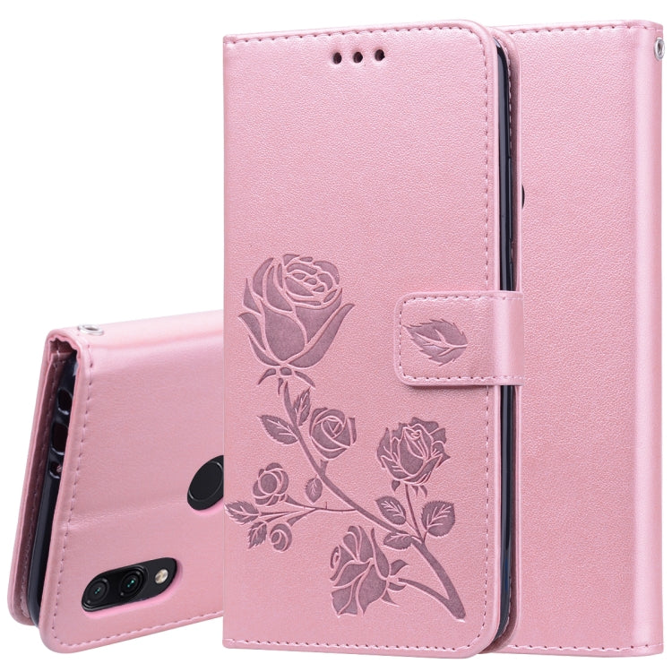 Rose PU leather flip wallet case with card slots for Xiaomi Redmi 7, pink.