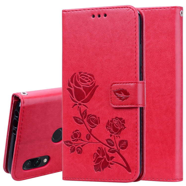 Rose PU leather flip wallet case with card slots for Xiaomi Redmi 7, red.