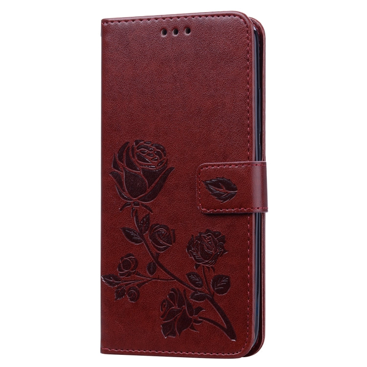 Rose PU leather flip phone case with card slot for Xiaomi Redmi 7, burgundy front.