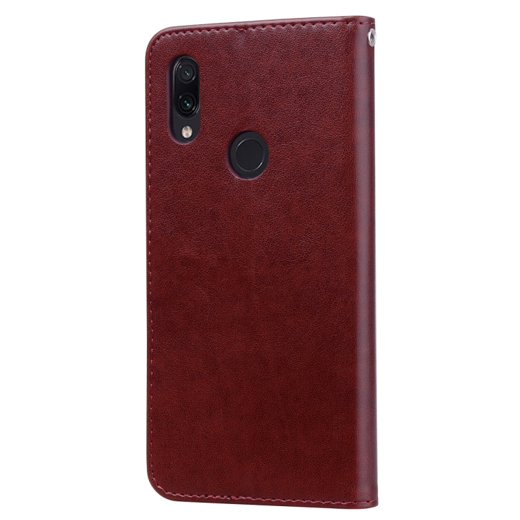 Rose PU leather phone case for Xiaomi Redmi 7, burgundy with camera cutouts.