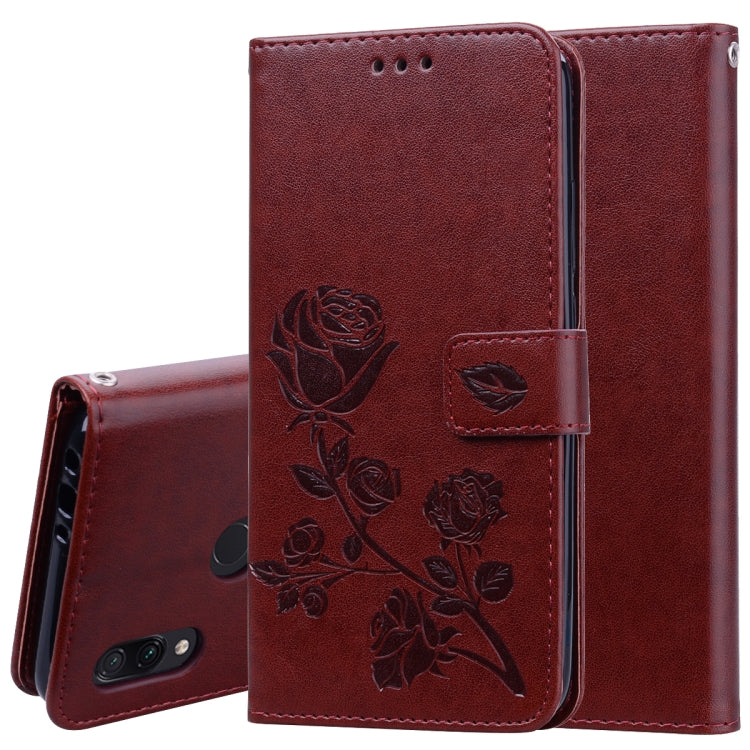 Rose PU leather flip case with card slots and wallet for Xiaomi Redmi 7, burgundy.
