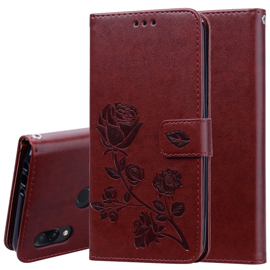 Rose PU leather flip case with card slots and wallet for Xiaomi Redmi 7, burgundy.