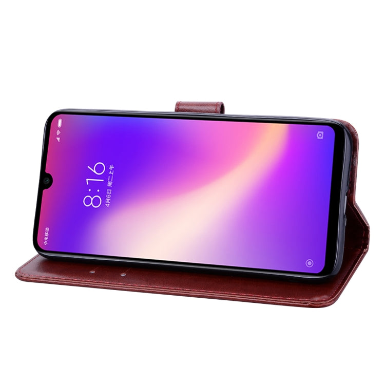 Rose PU leather flip wallet case for Xiaomi Redmi 7, burgundy with stand viewing mode.