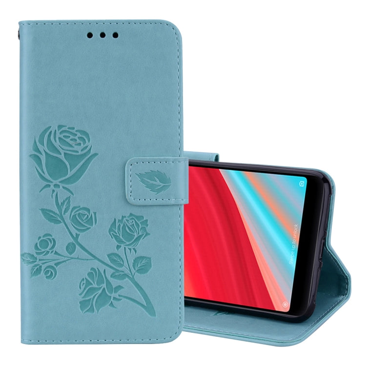 Blue PU leather flip phone case with rose embossing, holder and card-slot wallet
