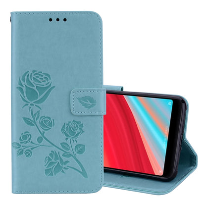 Blue PU leather flip phone case with rose embossing, holder and card-slot wallet