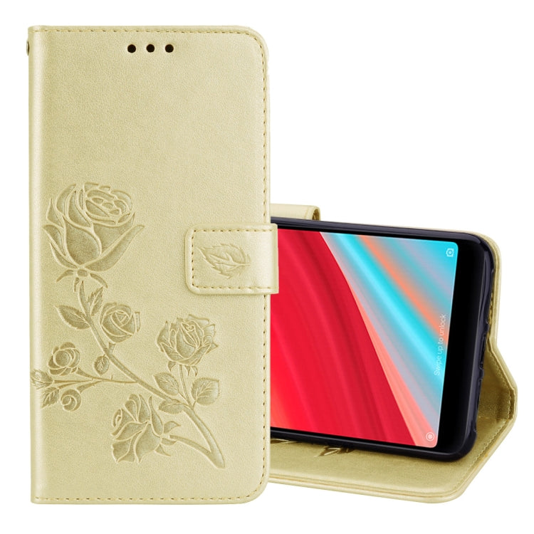 Gold PU leather flip phone case with rose embossing, phone holder, card slots, wallet