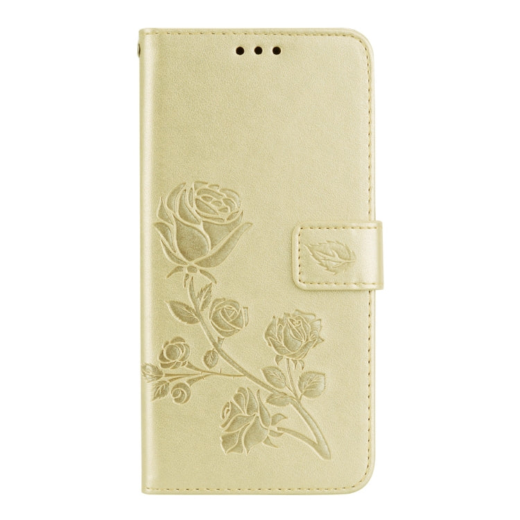 Gold PU leather wallet case with rose embossing and card-slot flap for phone
