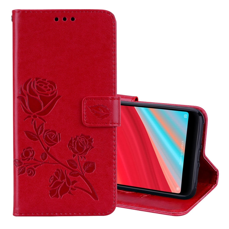 Red PU leather flip phone case with rose embossing, holder and card-slot wallet
