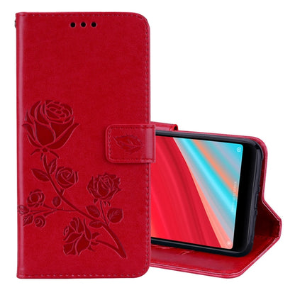 Red PU leather flip phone case with rose embossing, holder and card-slot wallet