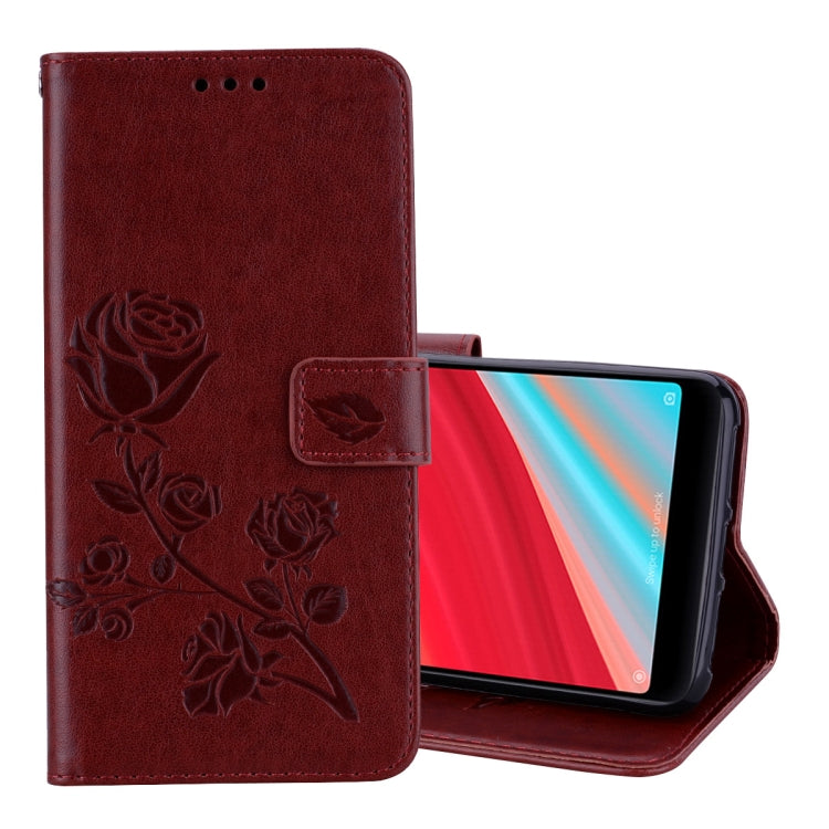 Brown PU leather flip phone case with rose embossing, holder and card-slot wallet