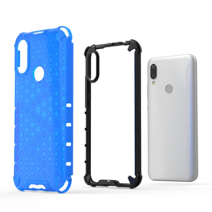 Blue honeycomb shockproof phone case with cutouts, shown with open black frame