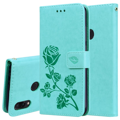 Teal rose-embossed flip PU leather wallet case with card slots and holder