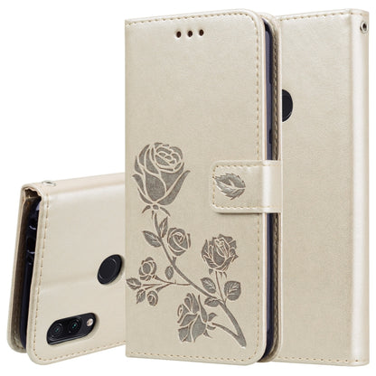 Beige rose-embossed flip PU leather wallet case with card slots and holder