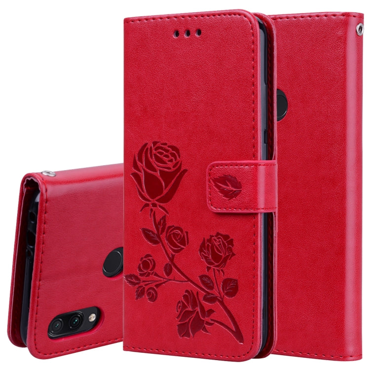 Red rose-embossed flip PU leather wallet case with card slots and holder