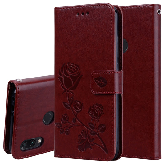 Burgundy rose-embossed flip PU leather wallet case with card slots and holder
