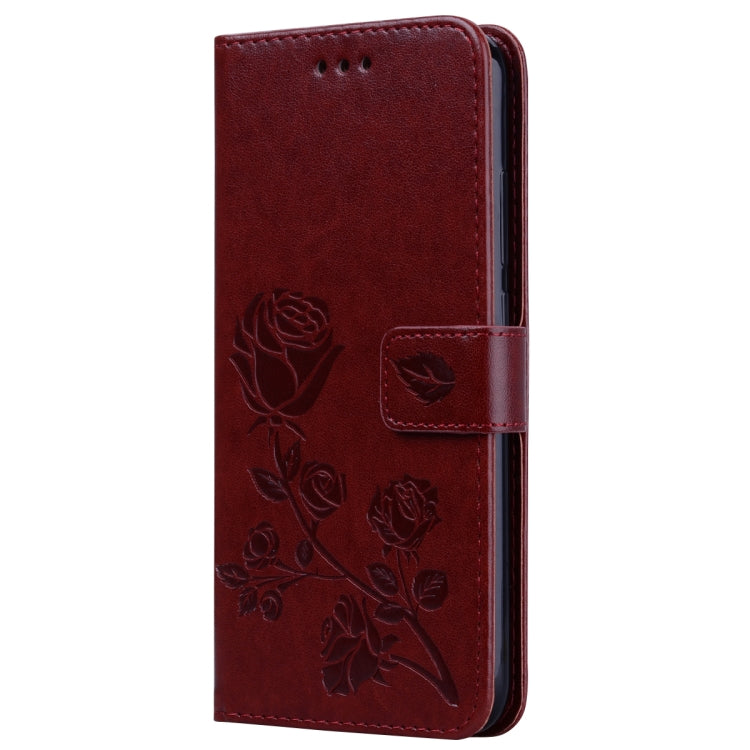 Burgundy rose-embossed flip PU leather wallet case with card slots