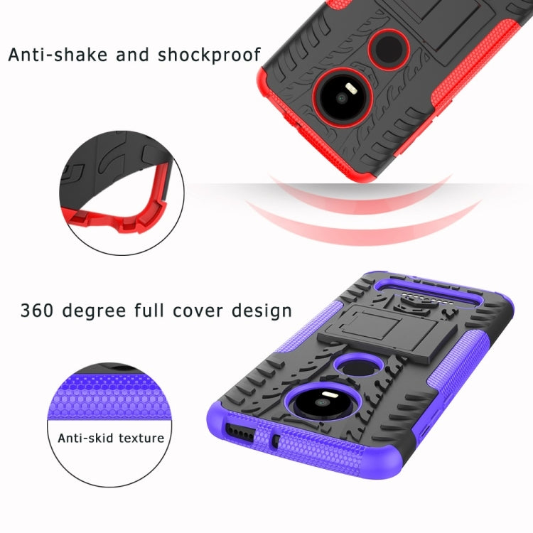 Multiple tire-texture shockproof phone cases in blue, purple, red, and black with holder