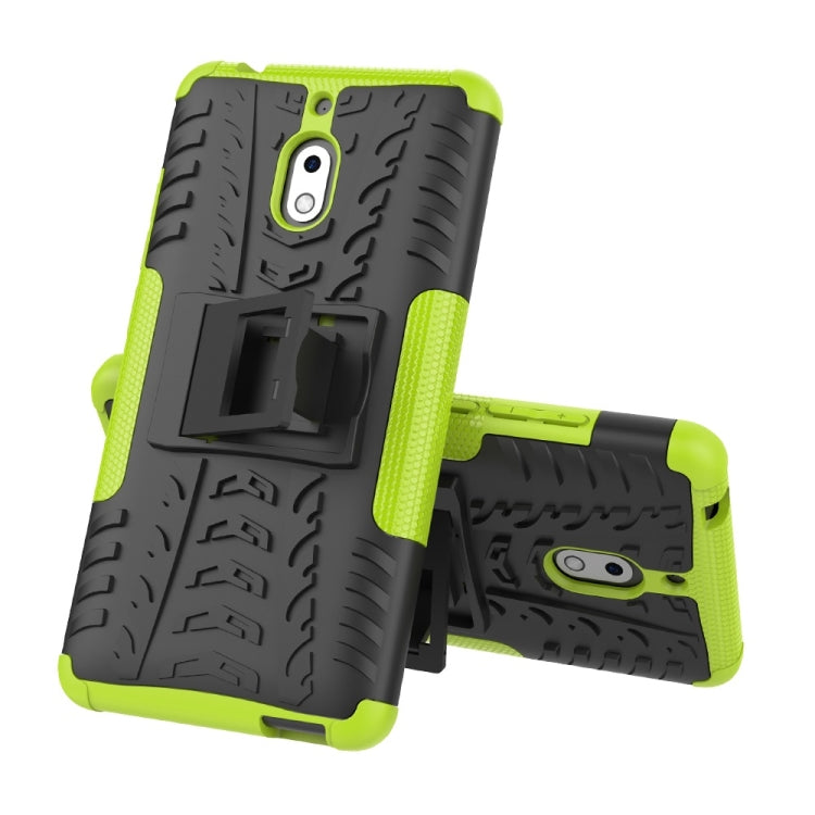 Green and black tire-textured shockproof phone case with foldable holder
