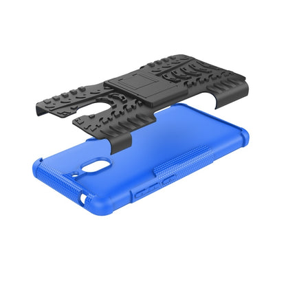 Blue tire-textured phone case with raised camera cutout and rugged holder piece