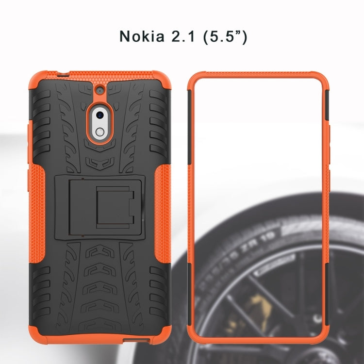 Orange and black tire-textured phone case with foldable holder and screen frame